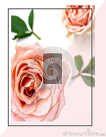 Roses flowers greetings card with love text quotes for Valentine Day Wedding Stock Photo