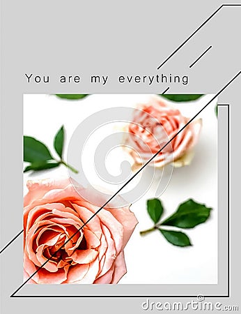 Roses flowers greetings card with love text quotes for Valentine Day Wedding Stock Photo