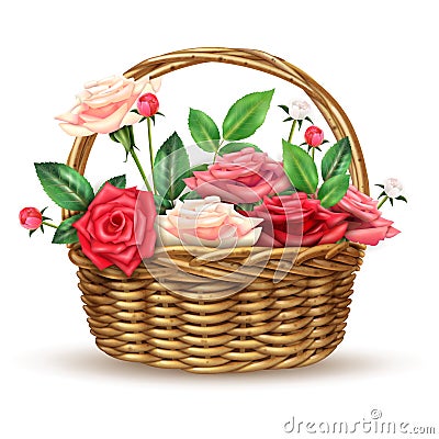 Roses Flowers Wicker Basket Realistic Image Vector Illustration