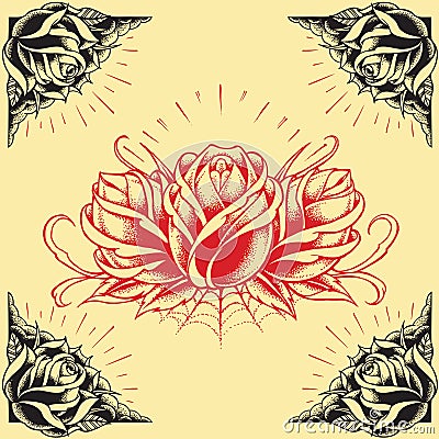 Roses and Frame Tattoo style design set 01 Vector Illustration