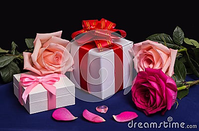 Roses and Gifts with Roses, Heart and Petals Stock Photo