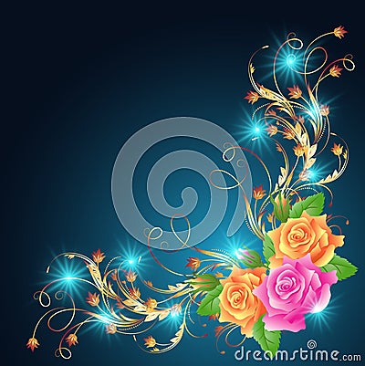 Roses and glowing stars Vector Illustration