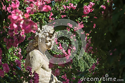 Roses and gods statue in the rose garden Beutig in Baden-Baden Stock Photo