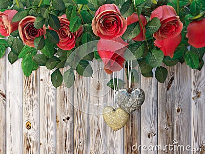 Roses and a hearts on wooden board, Valentines Day holiday background Stock Photo