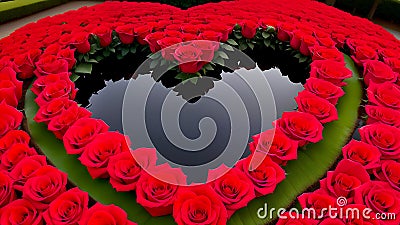 Roses laid out in the shape of a heart in a small pond. Generative AI Stock Photo