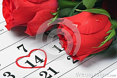 Roses lay on the calendar with the date of February 14 Valentine Stock Photo