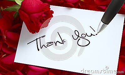 Roses and Letter, callligraphy thank you Stock Photo