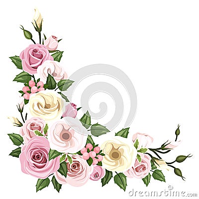 Roses and lisianthus flowers. Vector corner background. Vector Illustration