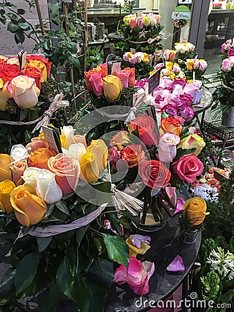 Roses of many colors in a Paris florist shop display Editorial Stock Photo