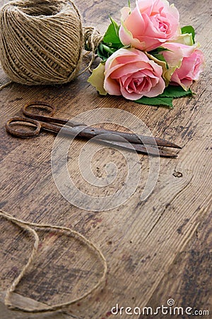 Roses with old rusty antique scissors Stock Photo