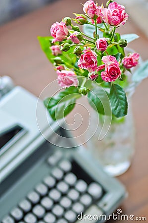 Roses and old type-writer Stock Photo