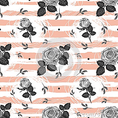 Roses pattern Vintage flower seamless background Trendy striped design, Elegant hand-drawn gray roses. Vector Vector Illustration