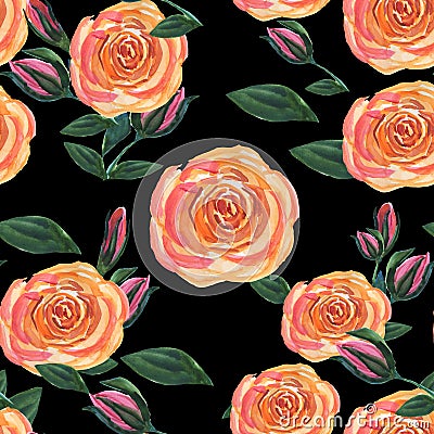 Roses seamless pattern on black background . Vintage flowers in full bloom Stock Photo