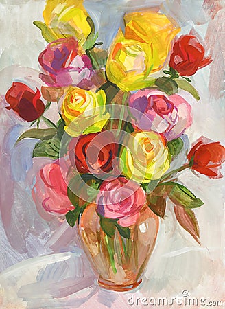 Roses in a transparent jug. Still life. Gouache painting Stock Photo