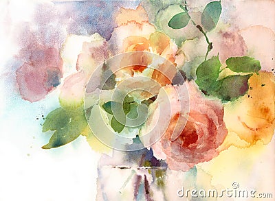 Roses in the Vase Watercolor Flowers Illustration Hand Painted Cartoon Illustration