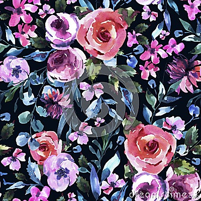 Roses Watercolor Floral Seamles Pattern, Pink Watercolor Rose, Wildflowers, Twigs, Leaves, Buds Stock Photo