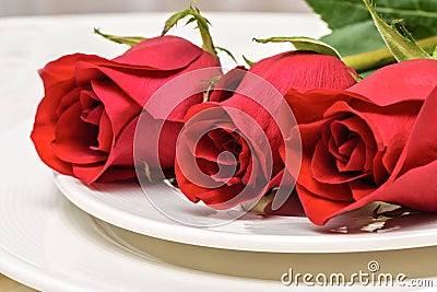 Roses on a white plate. Romantic composition for Valentine`s Day, Anniversary, Events. Place for text Stock Photo