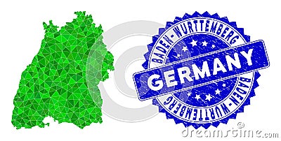 Rosette Distress Seal Imprint with Green Vector Polygonal Baden-Wurttemberg Land Map mosaic Cartoon Illustration