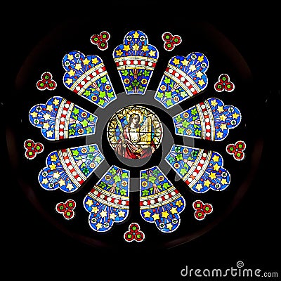 Rosette, geometric ornamental stained glass window, Church St. Lambertus, Mettmann, Germany Stock Photo