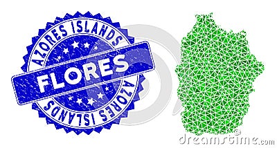 Rosette Grunge Seal Imprint And Green Vector Lowpoly Flores Island of Azores Map mosaic Cartoon Illustration