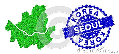 Rosette Rubber Seal And Green Vector Lowpoly Seoul City Map mosaic Vector Illustration