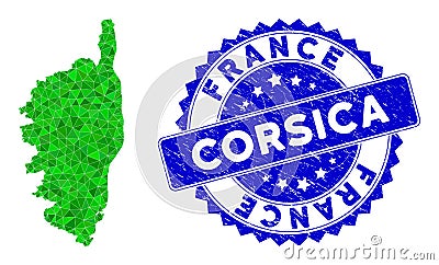 Rosette Textured Seal With Green Vector Triangle Filled Corsica France Island Map mosaic Vector Illustration