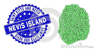 Rosette Textured Seal Imprint and Green Vector Lowpoly Nevis Island Map mosaic Cartoon Illustration