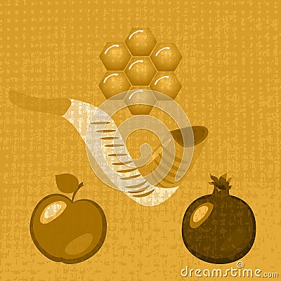 Rosh Hashanah. Pomegranate, apple, chalky honeycombs, shofar - mutton horn. Texture of fabric Stock Photo