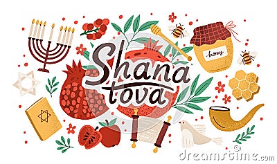 Rosh Hashanah horizontal background with Shana Tova inscription decorated by menorah, shofar horn, Torah, honey, apples Vector Illustration