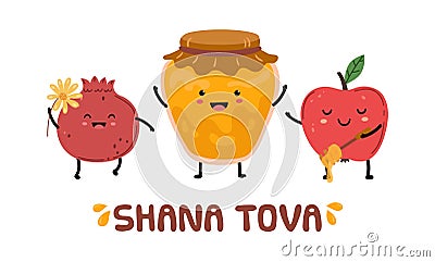 Rosh hashanah, Jewish New Year festival. Happy shana tova, holiday symbols honey, apple and pomegranate vector banner Vector Illustration