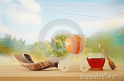 Rosh hashanah jewish New Year holiday concept. Traditional symbols. Stock Photo