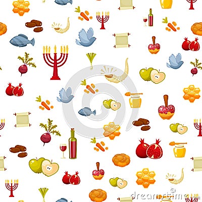 Rosh Hashanah, Shana Tova or Jewish New year seamless pattern, with honey, apple, fish, bottle, torah ,lettuce, date Vector Illustration