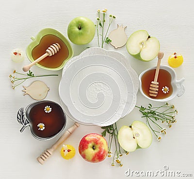 Rosh hashanah & x28;jewish New Year holiday& x29; concept. Traditional symbols Stock Photo