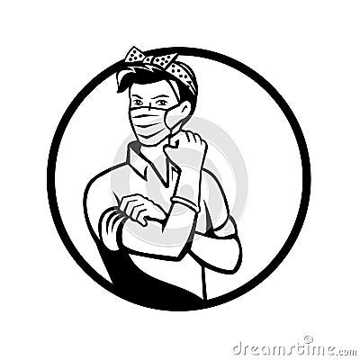 Rosie The Riveter Wearing Mask Circle Black and White Vector Illustration