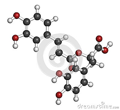 rosmarinic acid herbal antioxidant molecule. Present in a number of plants including rosemary Rosmarinus officinalis. 3D. Stock Photo