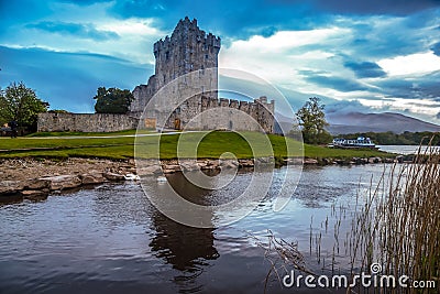 Ross Castle Killarney Kerry Ireland medieval birds reflection Stock Photo