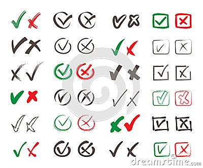 Rosses heck marks set. Choosing right wrong public poll symbols positive negative voting form yes and no in round color Vector Illustration