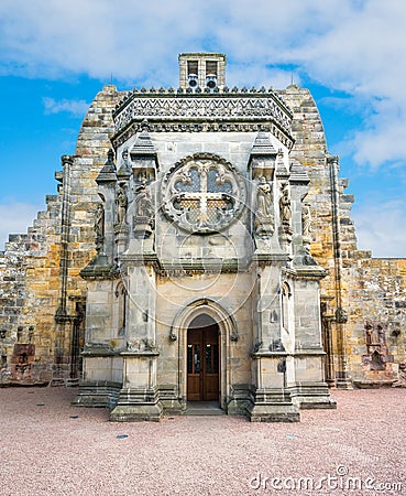 Rosslyn Chapel on a sunny summer day, located at the village of Roslin, Midlothian, Scotland. Stock Photo