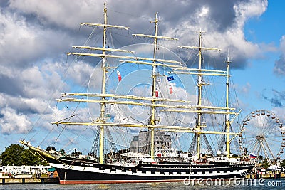 ROSTOCK, GERMANY - AUGUST 2016: Krusenstern. Four-masted barque Kruzenshtern. Editorial Stock Photo