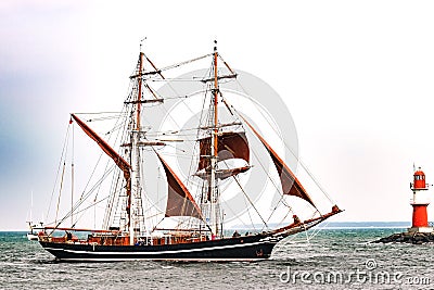 Rostock, Germany - August 2016: Sailing ship on the baltic sea. Editorial Stock Photo