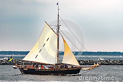 Rostock, Germany - August 2016: Sailing ship Hoppet Brantevik on the baltic sea. Editorial Stock Photo