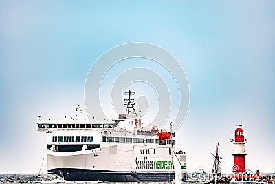 Rostock, Germany - August 2016: Scandlines hybrid ferry in the harbour of Warnemuende Editorial Stock Photo