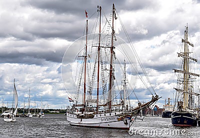 ROSTOCK, GERMANY - AUGUST 2016: three-masted barque Loth Lorien. Editorial Stock Photo