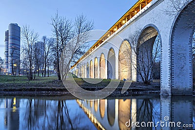 Rostokino aqueduct, reflecting in Yauza River Stock Photo