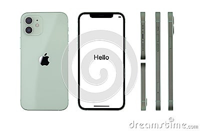 iPhone 12 green against white background. New smartphone from Apple company close-up Editorial Stock Photo