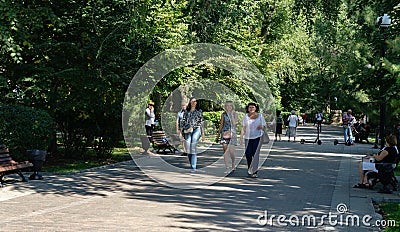 Shady alley of Rostov-on-Don embankment with large trees and walking people Editorial Stock Photo