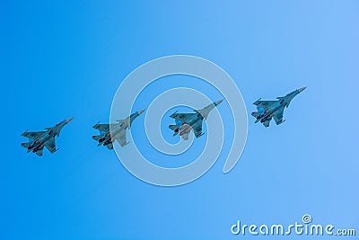 ROSTOV-NA-DONU, RUSSIA - CIRCA SEPTEMBER 2017: Russian fighter planes in sky at military air parade Editorial Stock Photo