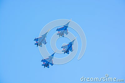 ROSTOV-NA-DONU, RUSSIA - SEPTEMBER 9, 2017: Russian fighter planes at air parade Editorial Stock Photo