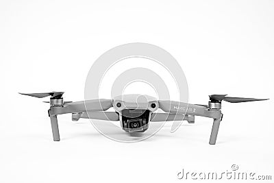 Rostov, Russia - July 22, 2020: Quadcopter DJI Mavic Air 2 with camera and straightened blades on white background, copy Editorial Stock Photo