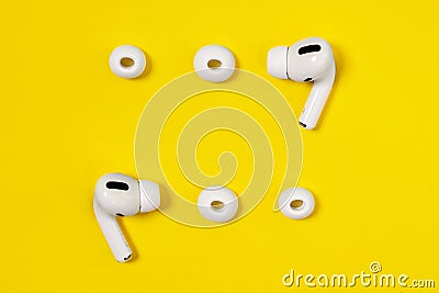 Rostov, Russia - July 06, 2020: wireless headphones Apple AirPods Pro, soft, flexible silicone tapered tips of different Stock Photo